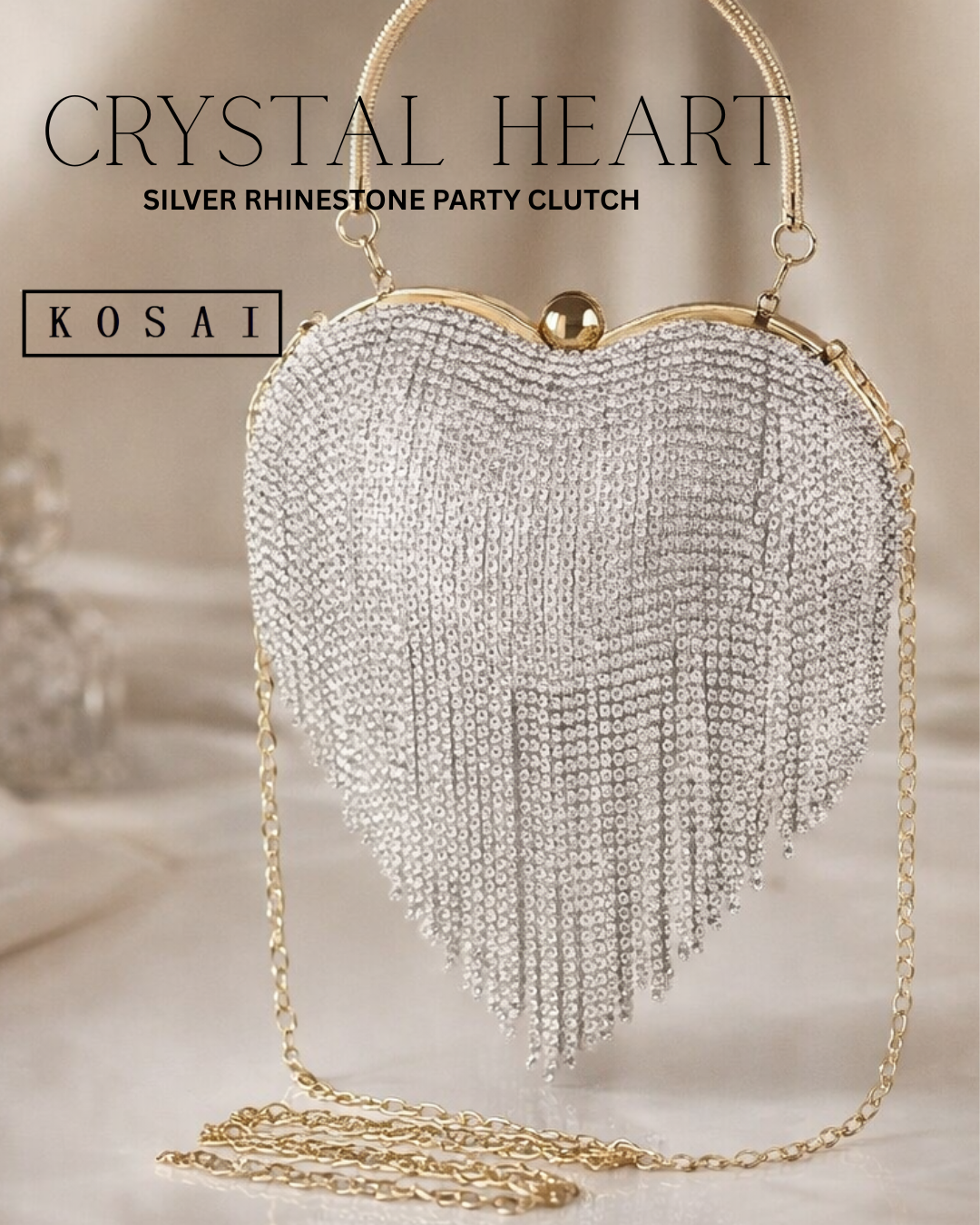 Crystal Heart – Silver Rhinestone Fringe clutch