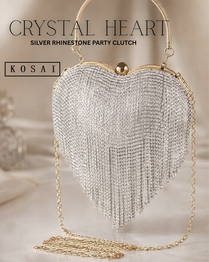 Crystal Heart – Silver Rhinestone Fringe clutch