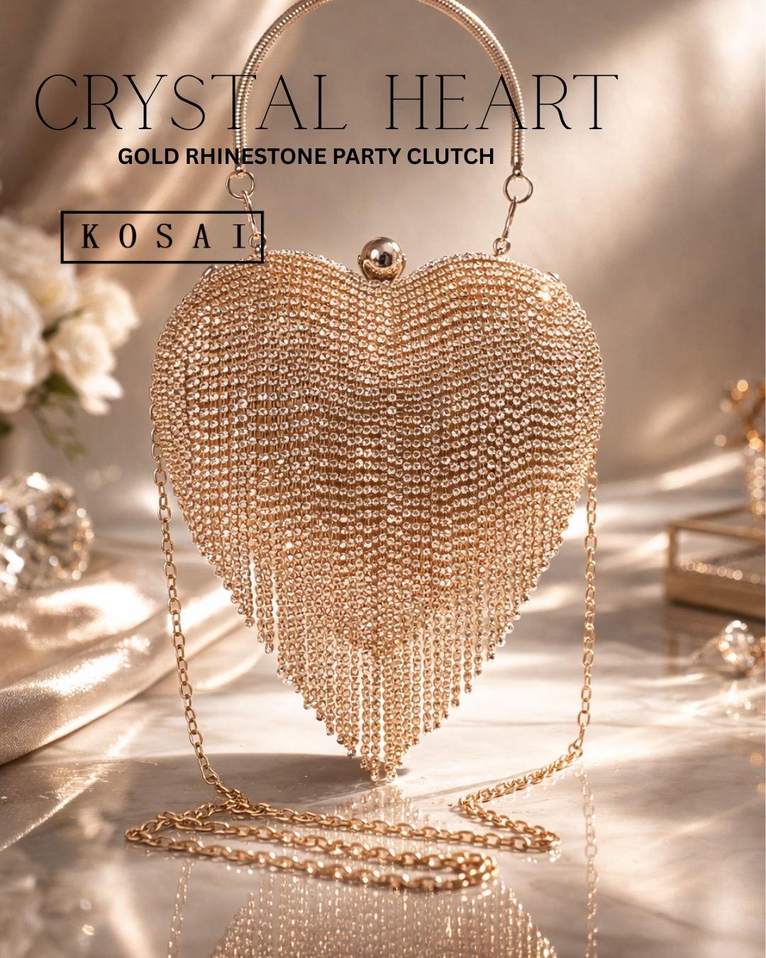 Crystal Heart – Silver Rhinestone Fringe clutch