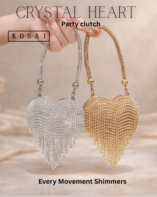 Crystal Heart – Silver Rhinestone Fringe clutch
