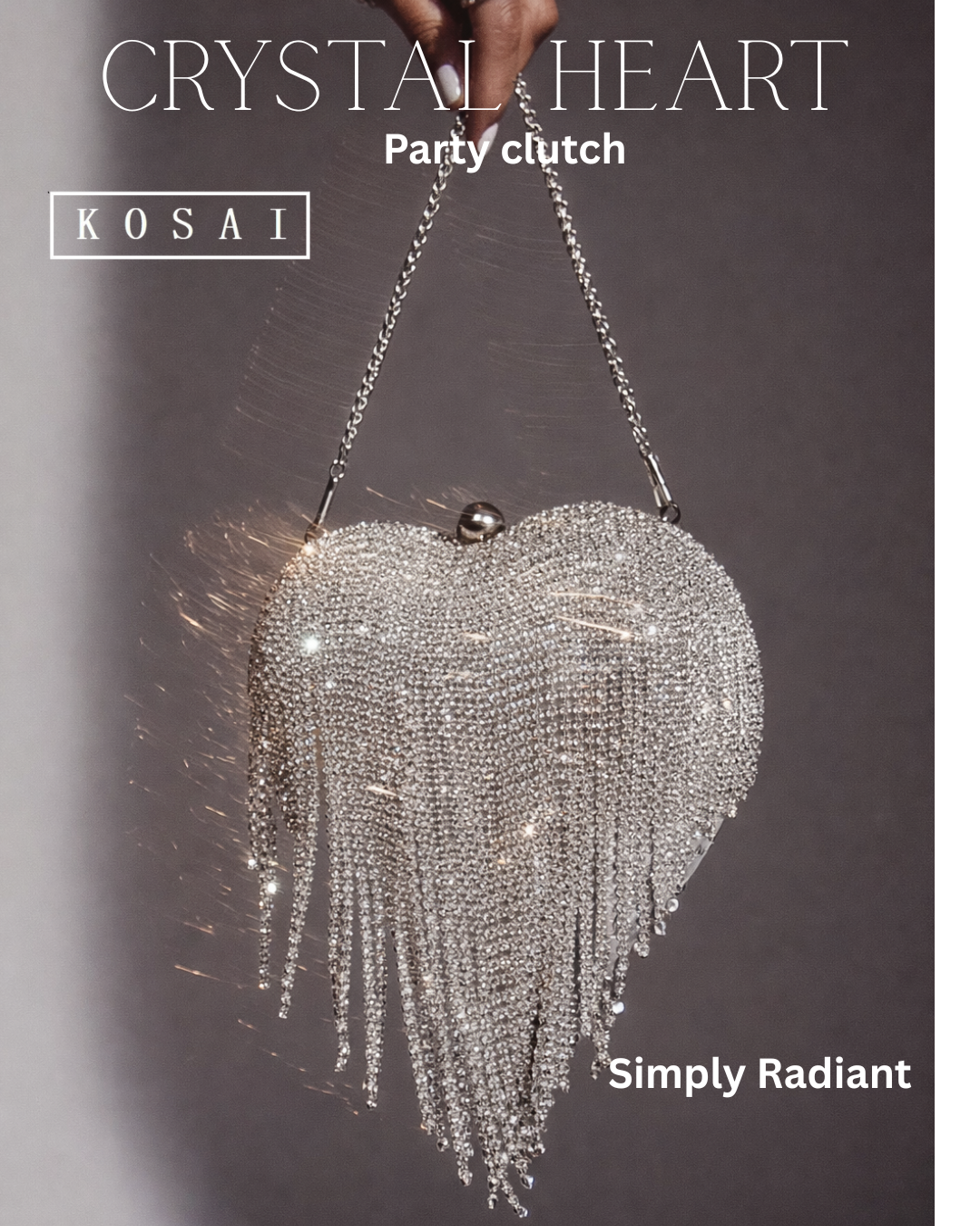 Crystal Heart – Silver Rhinestone Fringe clutch
